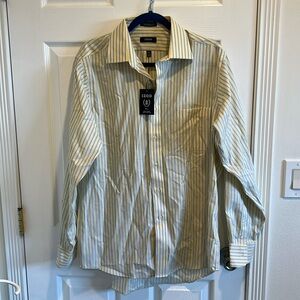 Men’s Izod Button Down Dress Shirt Yellow and Blue Striped Large - 16 34/35 New